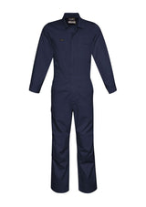 Navy men's lightweight cotton drill overall featuring multiple pockets and zipper front for comfort and practicality.