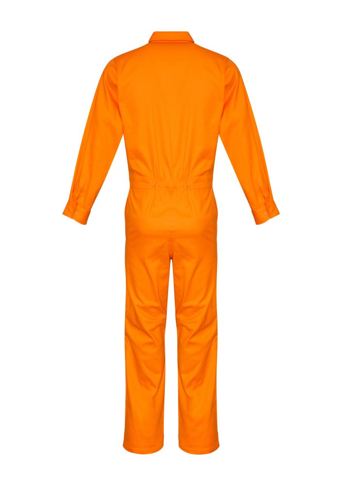 Mens Lightweight Cotton Drill Overall in vibrant orange featuring multiple pockets and zip closure for comfort and utility.