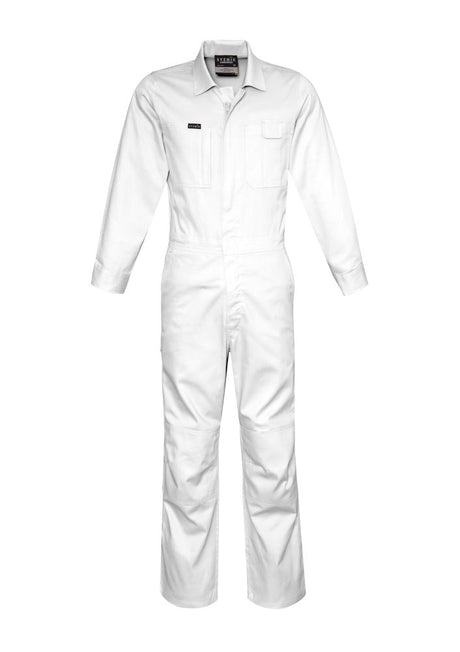 Lightweight white cotton drill overalls featuring multiple pockets and a secure zipper front, perfect for workwear.