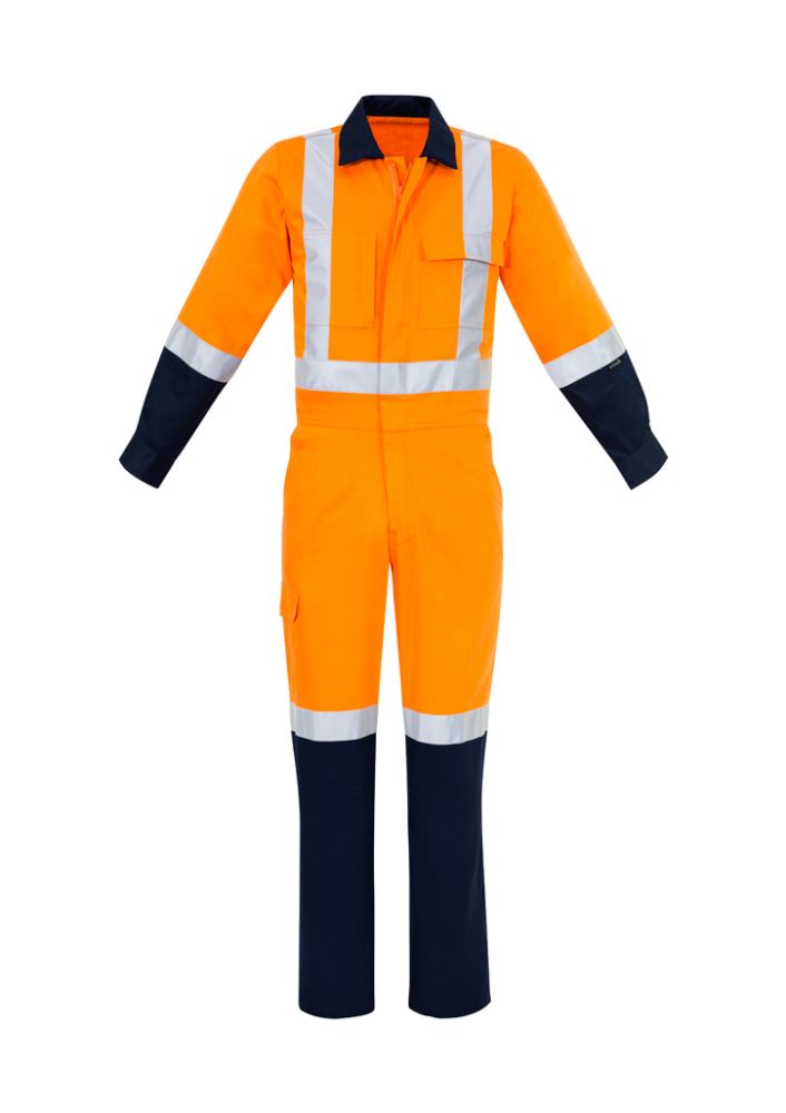 Men’s TTMC W Cotton Overalls in Orange and Navy, featuring durable 100% cotton, multiple pockets, and triple stitching for strength.