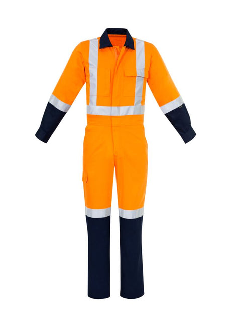 Men's orange and navy cotton overall featuring multiple pockets, durable stitching, and lightweight fabric for comfort and functionality.