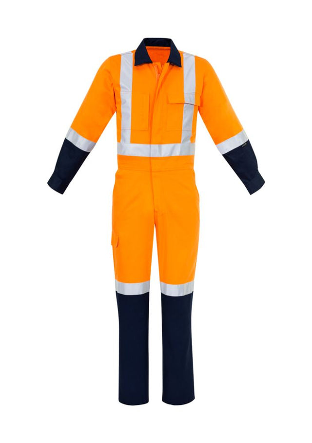 Men's orange and navy cotton overalls by Syzmik featuring durable fabric, multiple pockets, and triple stitching for heavy-duty work.