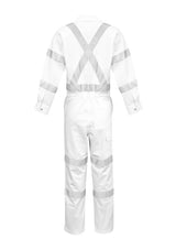 Men's white Bio Motion X-Back overall by Syzmik, featuring durable cotton, safety tape, multiple pockets, and a secure fit.