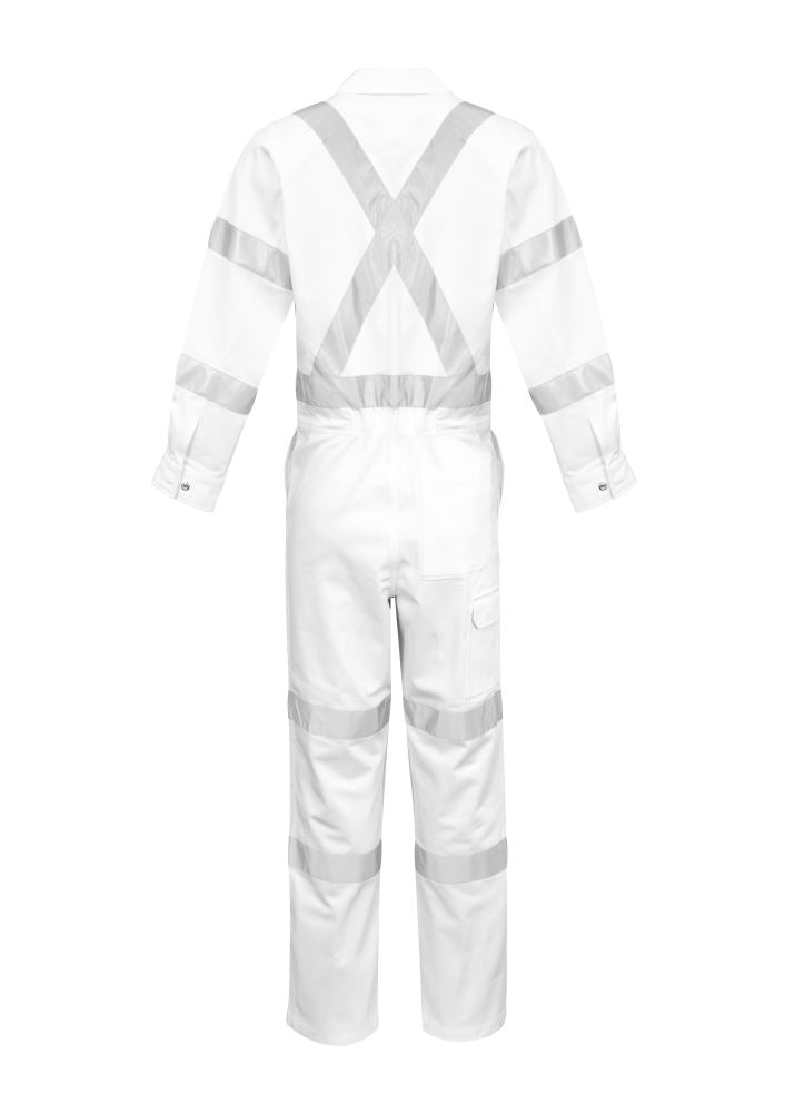 Men's white Bio Motion X Back overall by Syzmik, featuring durable cotton drill, multiple pockets, and enhanced visibility for safety.