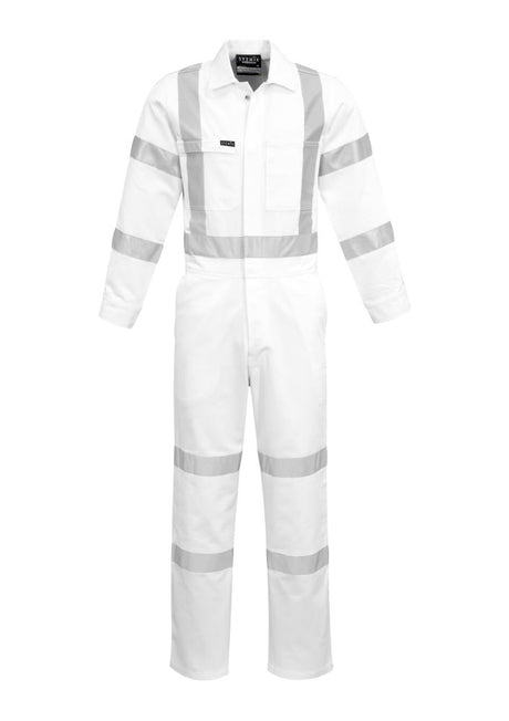 Mens Bio Motion X Back Overall in White, featuring durable cotton, X back design, and Bio Motion tape for safety and visibility.