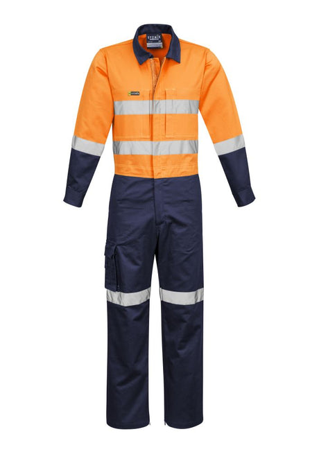 Mens Rugged Cooling Taped Overall in orange/navy, featuring breathable vents, mechanical stretch, and ample pocket storage for work.
