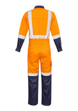Syzmik Men's Rugged Cooling Overall in Orange and Navy, featuring breathable ripstop fabric, venting, and reflective safety tape.