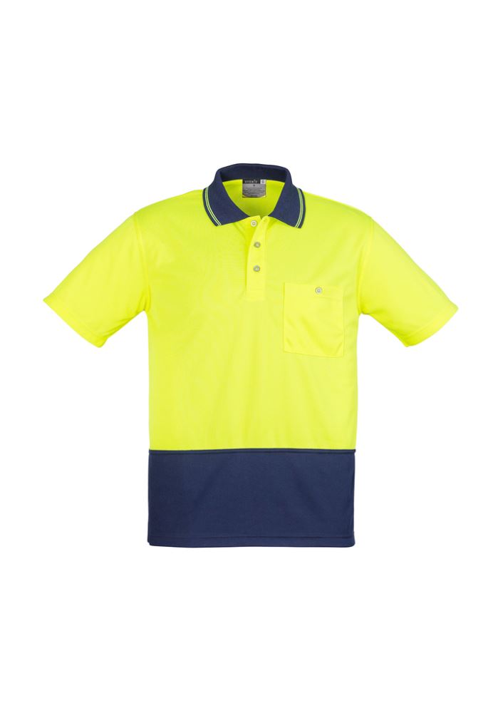 High-visibility unisex polo shirt in yellow and navy, featuring moisture-wicking fabric and a practical chest pocket.