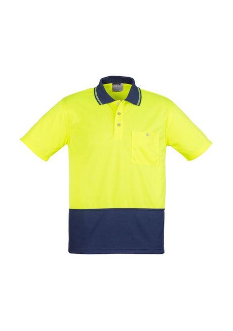 Unisex Hi-Vis spliced polo in yellow/navy, lightweight, moisture-wicking, with chest pocket; ideal for safety at work.