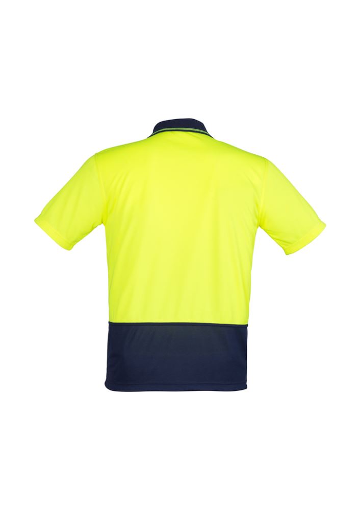 Unisex Hi-Vis spliced polo in yellow and navy, featuring durable moisture-wicking fabric and a convenient chest pocket.