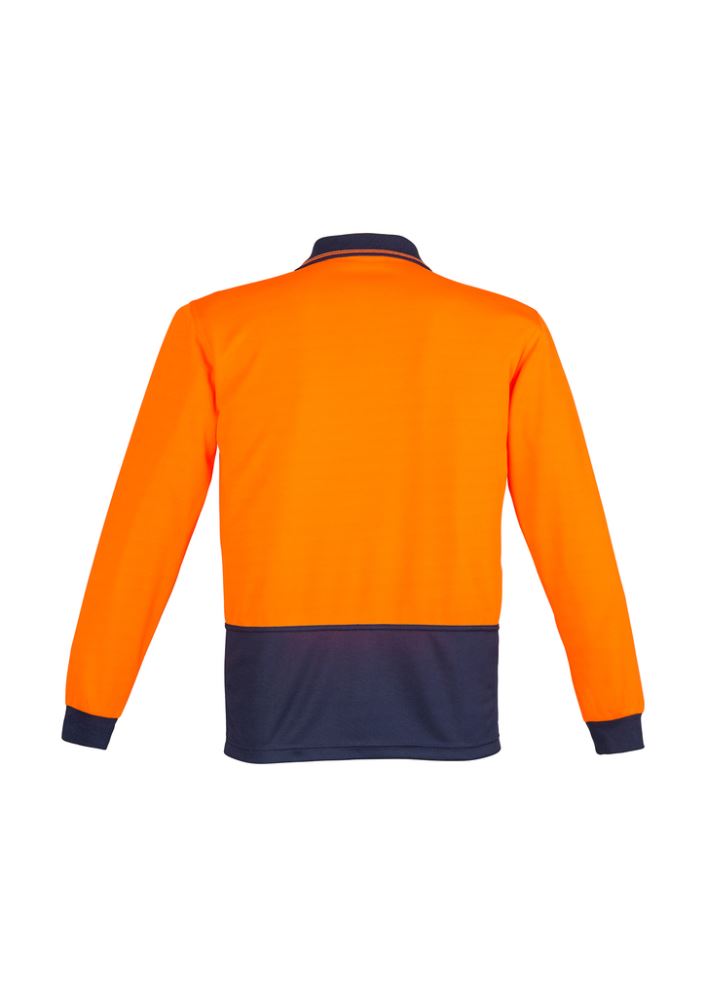 Unisex Hi-Vis Orange and Navy Long Sleeve Polo with moisture-wicking fabric and chest pocket for safety and comfort.