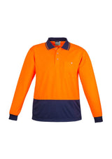 Unisex Hi-Vis Long Sleeve Polo in yellow and navy, featuring moisture-wicking fabric and chest pocket for workwear safety.