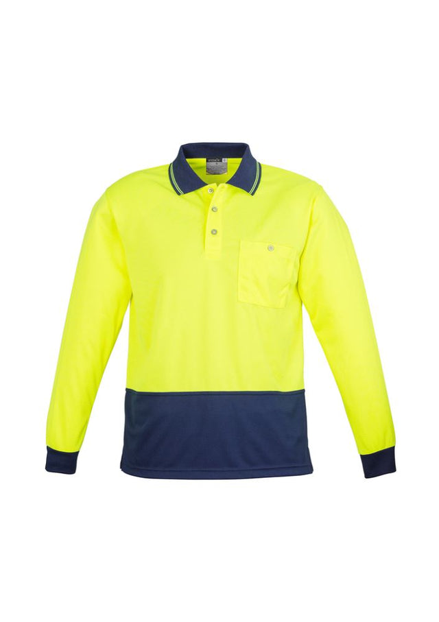 Unisex long-sleeve yellow and navy hi-vis polo with moisture-wicking, chest pocket; ideal for safety and comfort at work.