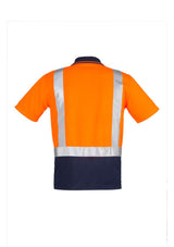 High visibility orange and navy polo shirt with moisture-wicking fabric, reflective tape, and chest pocket for work safety.