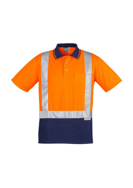 Hi-Vis spliced polo shirt in orange and navy, featuring reflective tape, a chest pocket, and moisture-wicking fabric for work safety.