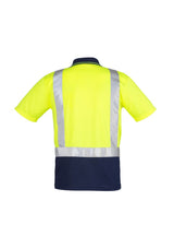 Men's Hi-Vis Spliced Polo Shirt in yellow and navy, featuring moisture-wicking fabric and 3M reflective tape for safety.