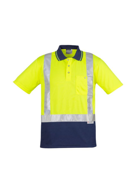 Hi-Vis spliced polo in yellow and navy; features moisture-wicking fabric, reflective tape, and chest pocket for tools.
