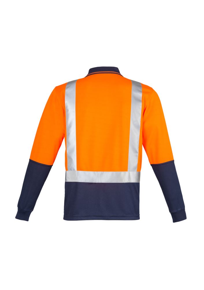 Men's Hi-Vis Spliced Long Sleeve Polo in orange and navy with reflective tape, chest pocket, breathable, moisture-wicking design.