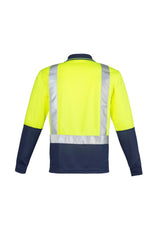 Mens Hi-Vis Spliced Polo in yellow and navy, featuring shoulder tape, moisture-wicking fabric, and reflective safety details.