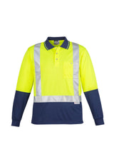 Mens Hi-Vis Spliced Polo in yellow and navy with reflective tape, moisture-wicking fabric, and convenient chest pocket for safety.