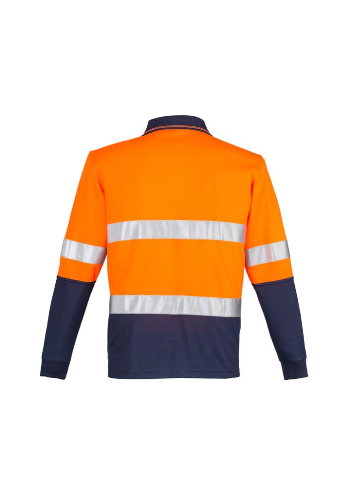 Men's Hi-Vis Spliced Orange and Navy Polo, long sleeve, breathable, moisture-wicking, with reflective tape and chest pocket.