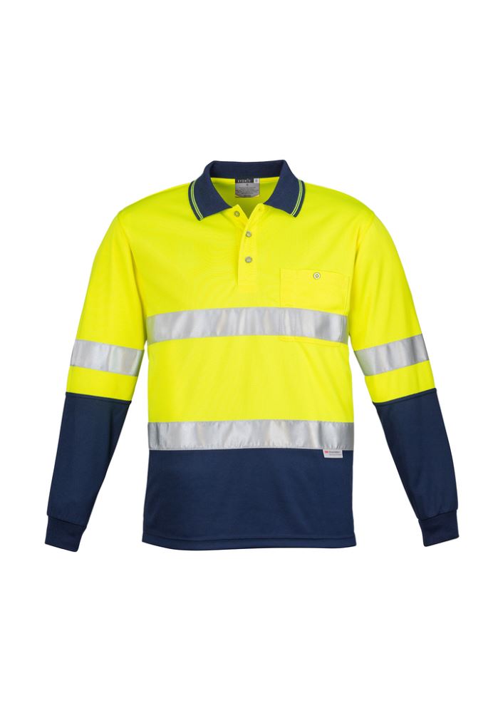 Mens Hi-Vis long sleeve polo in yellow and navy, featuring moisture-wicking fabric, reflective tape, and a chest pocket.