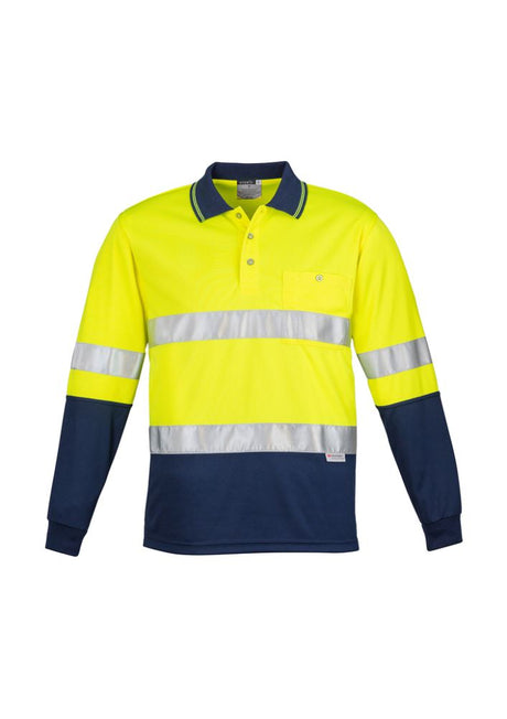 Hi-Vis long sleeve polo in Yellow/Navy featuring reflective tape, moisture-wicking fabric, and practical chest pocket.