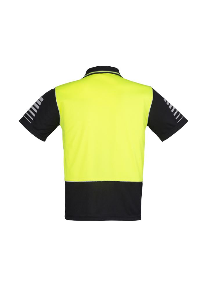 Men's Hi-Vis Zone Polo in yellow and black with moisture-wicking fabric and reflective details for safety at work.