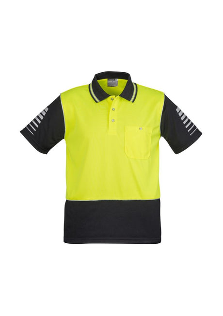High-visibility yellow and black polo with moisture-wicking fabric, 3M reflective piping, and breathable comfort for work safety.
