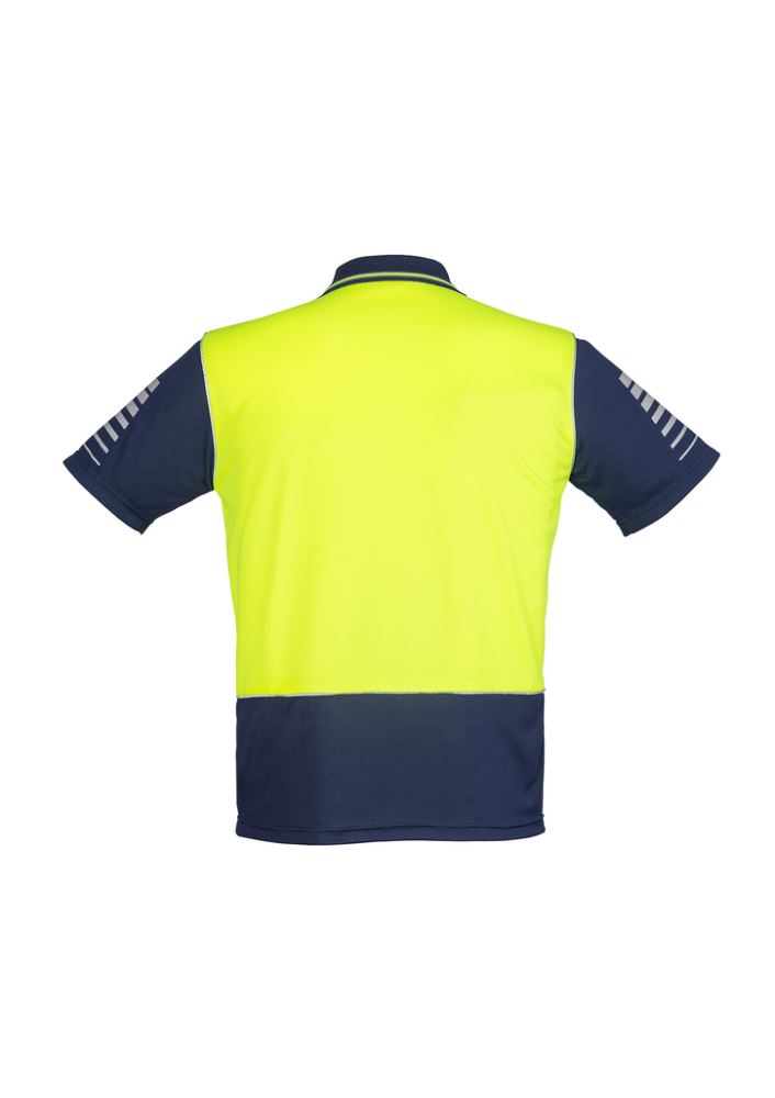 High-visibility yellow and navy polo shirt for men, featuring moisture-wicking fabric and 3M reflective detailing.