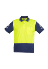 High-visibility yellow and navy polo shirt for men, size 3XL, featuring moisture-wicking fabric and 3M reflective piping.