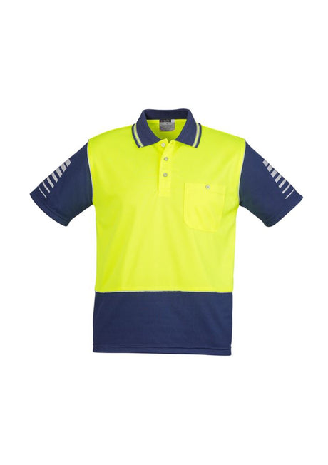 High-visibility yellow and navy polo shirt for men, size 3XL, featuring moisture-wicking fabric and 3M reflective piping.