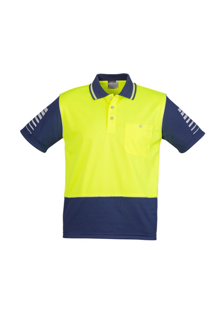 High-visibility yellow and navy polo shirt with moisture-wicking fabric and 3M reflective piping, ideal for outdoor work.