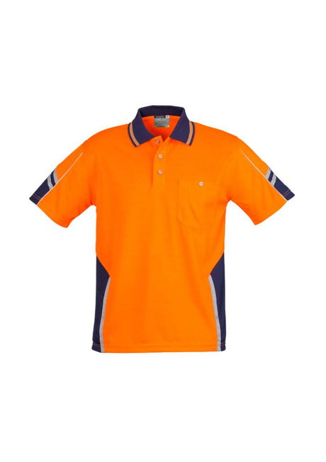 High-visibility orange and navy short sleeve polo, 100% moisture-wicking polyester with reflective details and chest pocket.