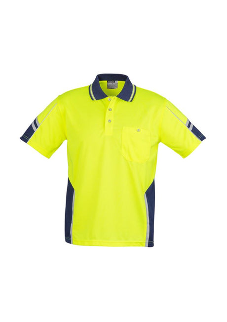Men's Hi-Vis Squad SS Polo in yellow/navy with moisture-wicking fabric, reflective piping, chest pocket, and breathable design.