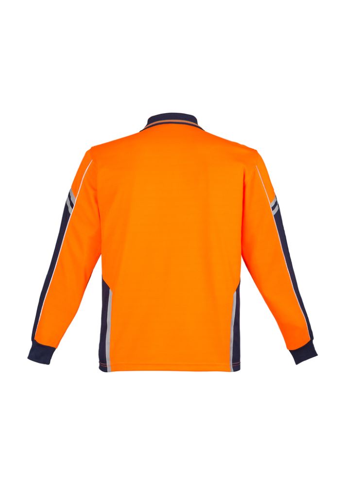 Men's Hi-Vis Squad LS Polo in orange and navy features moisture-wicking fabric, chest pocket, and reflective detailing for safety.