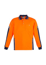 Men's Hi-Vis Squad LS Polo in Orange and Navy, featuring moisture-wicking fabric, reflective piping, and practical chest pocket.