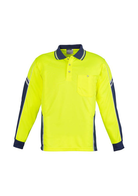 Men's Hi-Vis Squad Long Sleeve Polo in yellow and navy, featuring moisture-wicking fabric and reflective detail for safety.