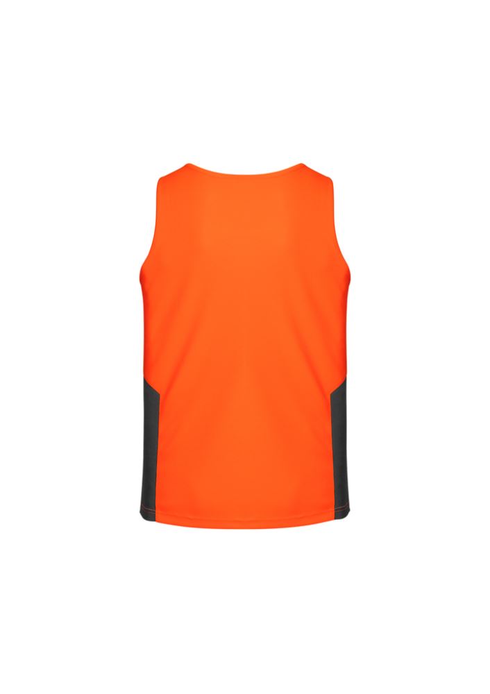 Unisex hi-vis squad singlet in orange and charcoal, made from moisture-wicking, breathable polyester for comfort and visibility.
