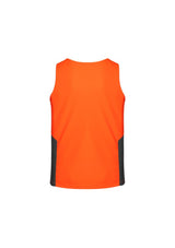 Unisex hi-vis squad singlet in orange and charcoal, made from moisture-wicking, breathable polyester for comfort and visibility.