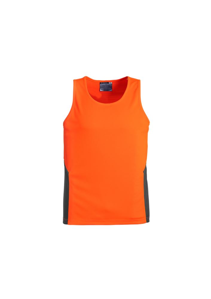 Unisex Hi-Vis Squad Singlet in orange and charcoal, featuring moisture-wicking fabric and breathable design for comfort and visibility.