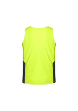 Bright yellow and charcoal unisex Hi-Vis singlet made from breathable, moisture-wicking polyester for optimal performance.