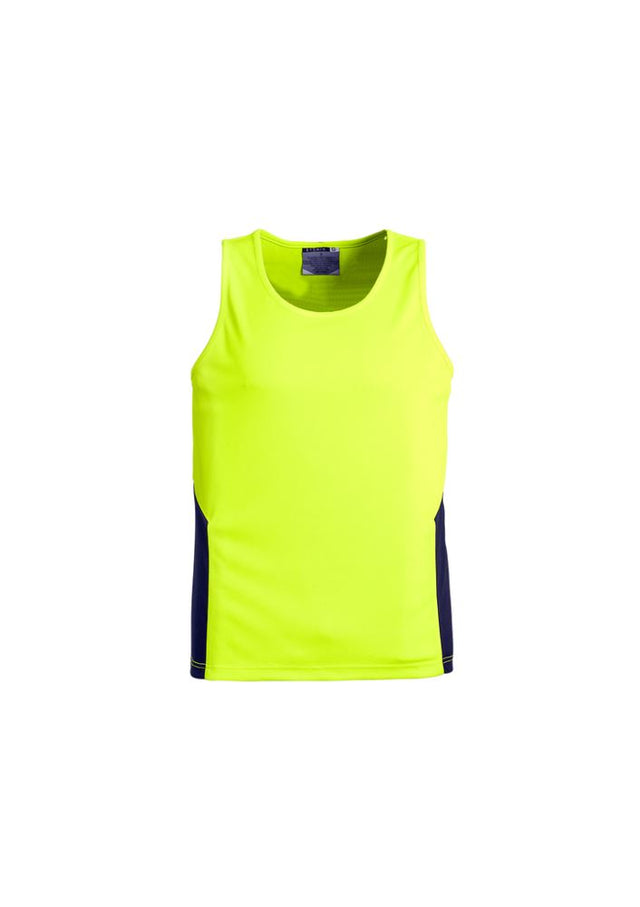 Bright yellow and navy unisex hi-vis singlet made from moisture-wicking polyester, ideal for outdoor work and activities.