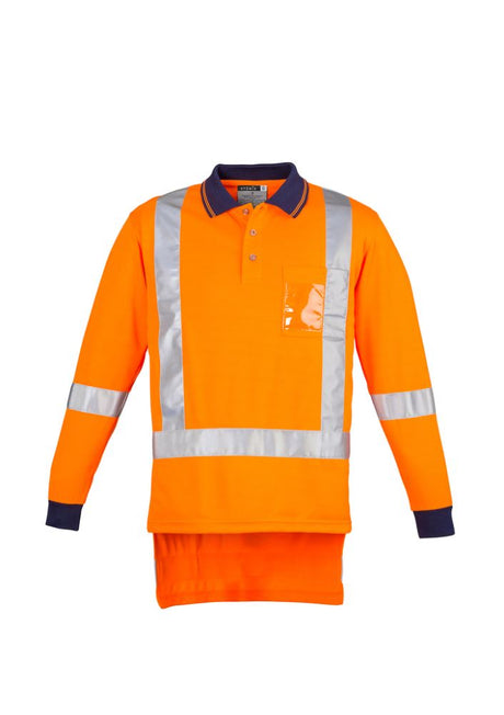 Men's long sleeve orange polo shirt featuring reflective tape, moisture-wicking fabric, and a chest pocket for work safety.