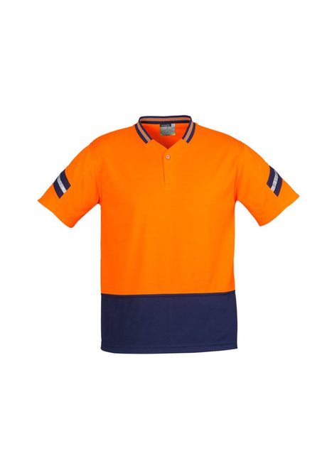 Men's Hi-Vis Astro Polo in orange and navy with reflective stripes, moisture-wicking fabric, perfect for safety and style at work.