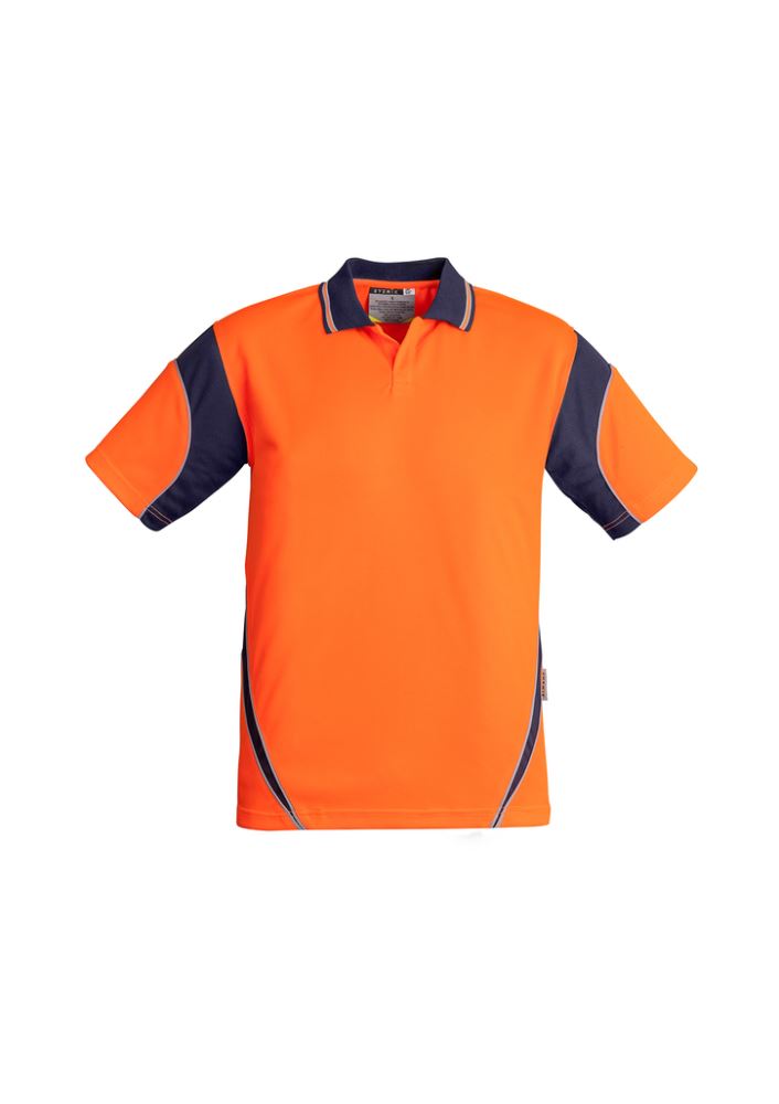 Men's Hi-Vis Aztec Polo in orange and navy, featuring moisture-wicking fabric and a button-free placket for safety.