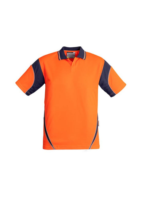 Men's Hi-Vis Aztec Polo in orange and navy, featuring moisture-wicking fabric and a button-free placket for safety.