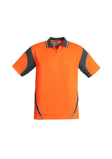 High-visibility yellow and charcoal polo with Aztec pattern, moisture-wicking, breathable, and safe for food industry use.