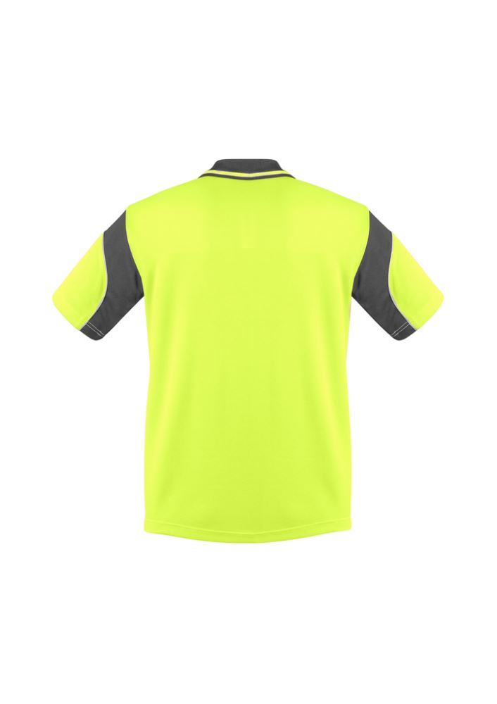 Men's Hi-Vis Aztec Polo in Yellow/Charcoal, short sleeve, lightweight, moisture-wicking, perfect for outdoor and food industry work.