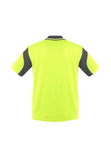 Mens Hi-Vis Aztec Polo in yellow and charcoal, featuring breathable fabric, moisture-wicking, and a button-free placket for safety.